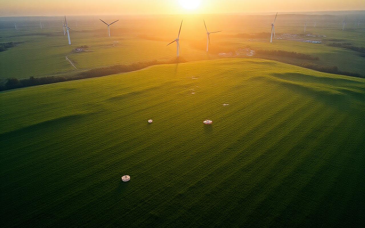 Vast wind farm at dawn with data overlay indicating energy flow optimization