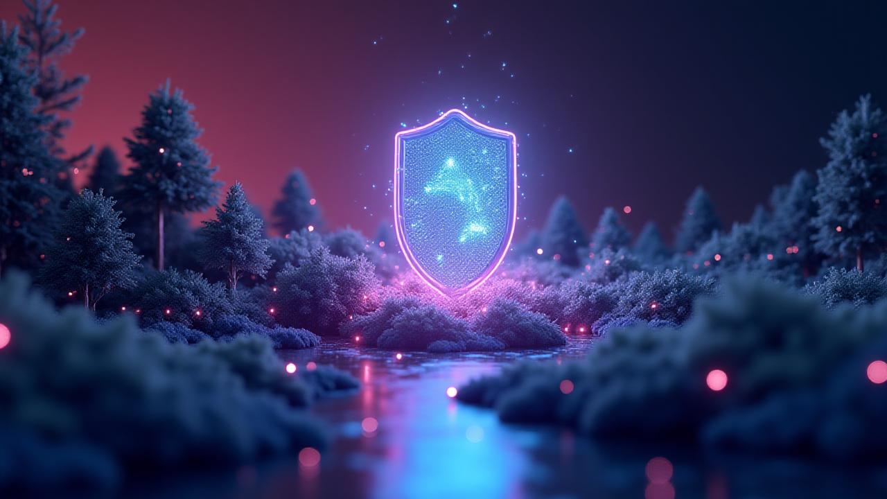 Digital data streams protected by an atmospheric shield represented in high-tech aesthetic