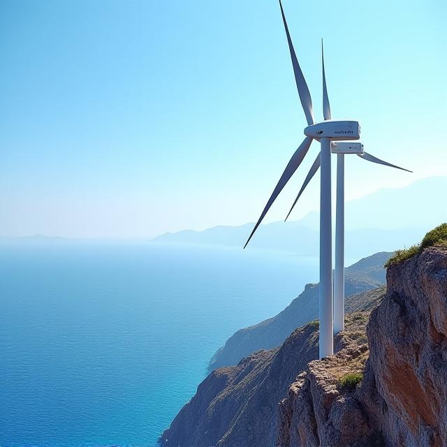 Mediterranean coastline with wind turbines at sunset