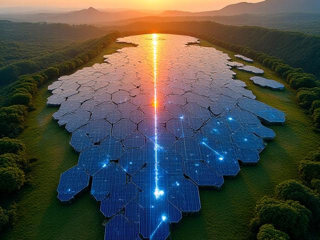 Solar farm with overlay of AI neural network patterns